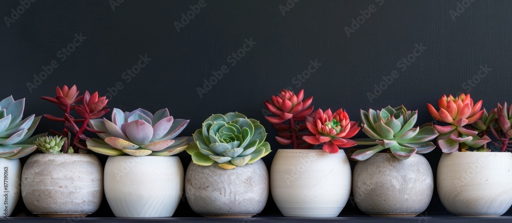 Aufkleber a row of various white ceramic gray concrete pots filled with red lilac and green succulents create 