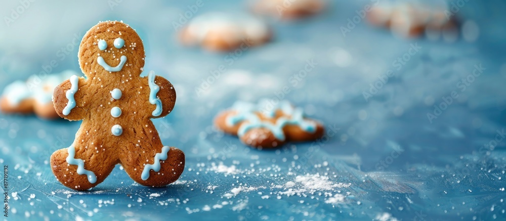 Poster gingerbread man on blue surface with copy space image available