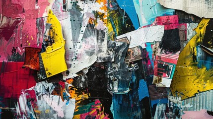 Fototapeta premium Abstract artwork of colorful paint and torn paper posters