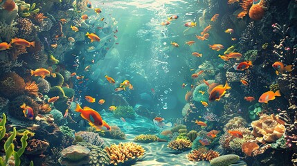 Naklejka premium Tropical Fish swimming across a coral reef with bright lights