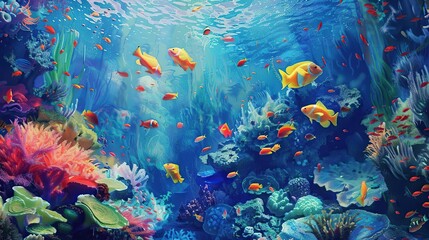Fototapeta premium coral reefs and small colorful fish in the sea with sunlight.
