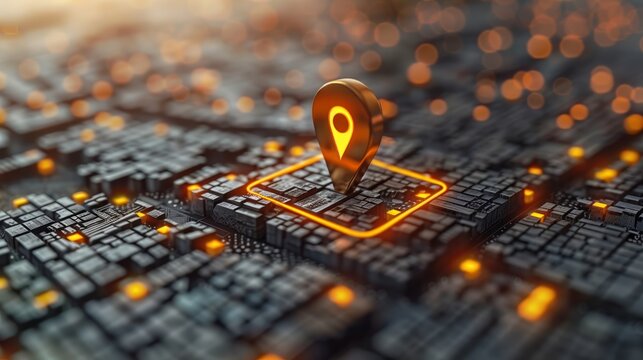 A conceptual illustration featuring an illuminated orange location pin on a 3D digital map representing GPS navigation for efficient goods delivery.