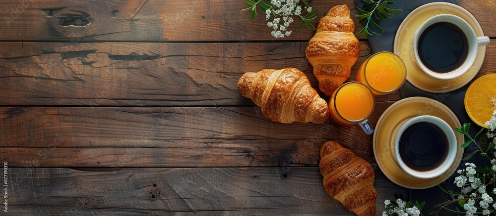 Poster top view of a continental breakfast display on a wooden table with croissants orange juice and coffe