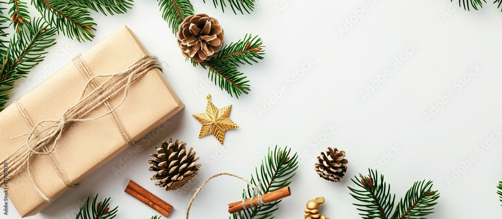 Poster Top view of a New Year gift in craft paper with decorations and pine sprig cones spruce and fir oil on a white background with empty space for text or graphics. with copy space image