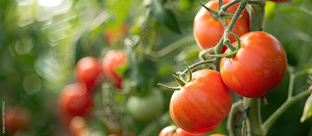 Poster fresh tomatoes ripening on a vine in a greenhouse with copy space image
