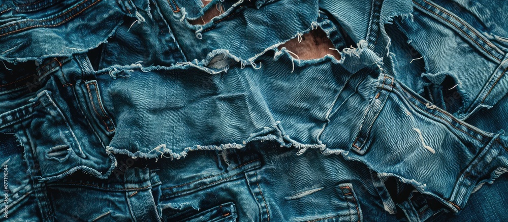 Poster close up view of textured ripped denim jean fabric with copy space image