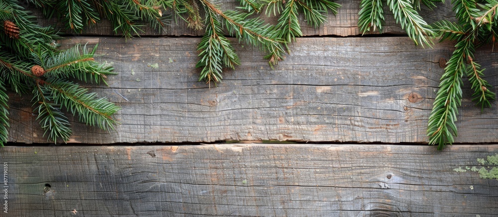 Aufkleber Rustic wood with a knotted background featuring fir tree branches ideal as a copy space image for holiday greetings captured in daylight