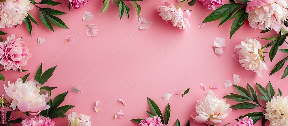 Fototapete Peony branches on a pastel background create a floral frame in a flat lay style with a top view and space for text or images. with copy space image. Place for adding text or design