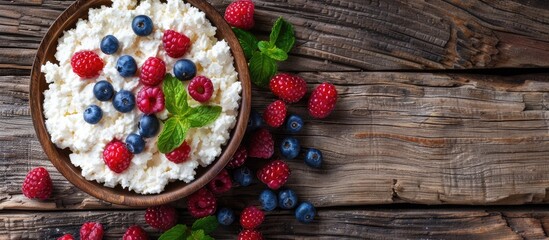 Fototapeta premium A bowl with fresh cottage cheese and berries sitting on a wooden surface with a clear area for additional image or text placement commonly referred to as copy space image