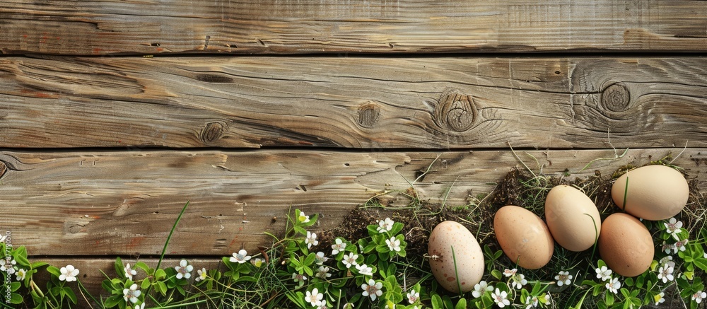 Fototapete Easter themed background with a rustic wooden texture featuring eggs and space for text or images. with copy space image. Place for adding text or design