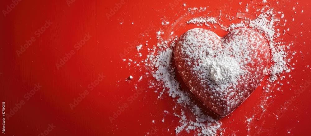 Poster heart shaped design with powdered sugar sprinkled elegantly over a vivid red backdrop providing ampl