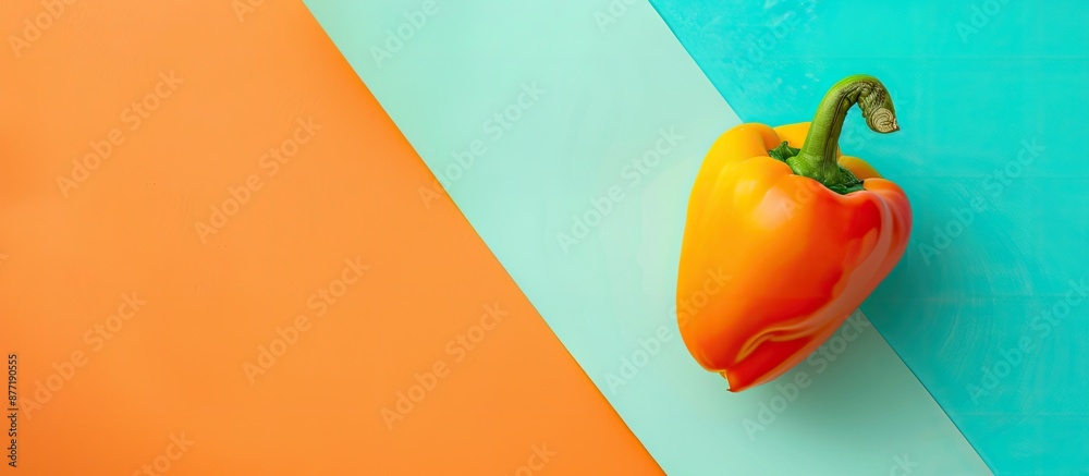 Poster Minimal style flat lay fashion concept featuring an orange pepper on a pastel color background with a trendy colorful copy space image