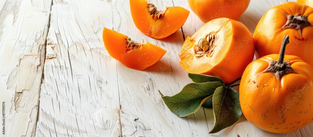 Poster whole ripe orange persimmon fruit and slices displayed on a white wooden table with copy space image