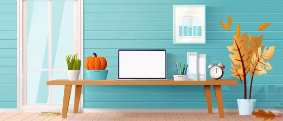 Fall-themed classroom with educational materials and flat design charts