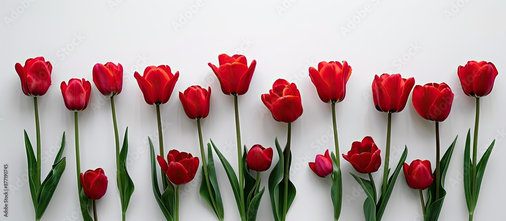 Poster red tulips set against a white backdrop providing a blank area for text in the image. with copy spac