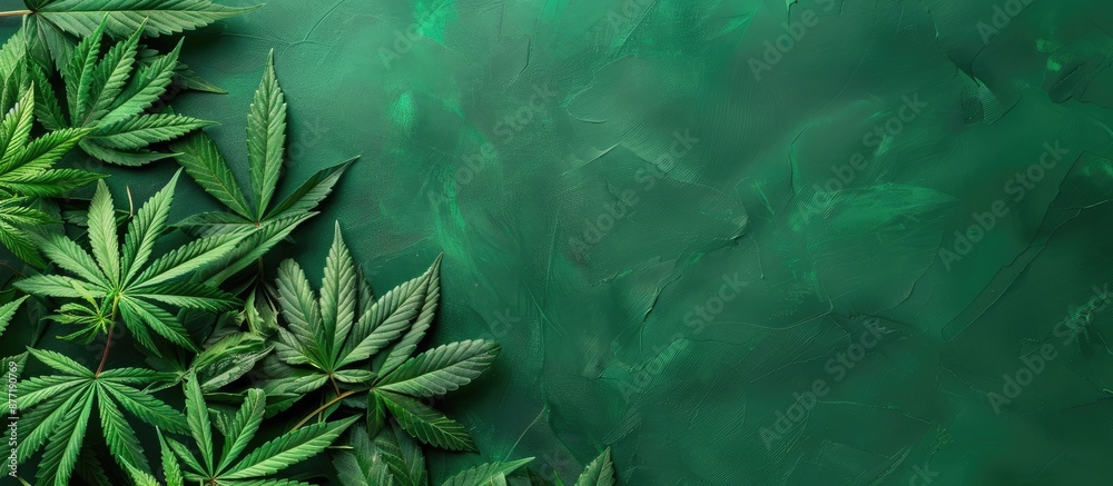 Poster Top down view of green marijuana leaves on a green backdrop with copy space image