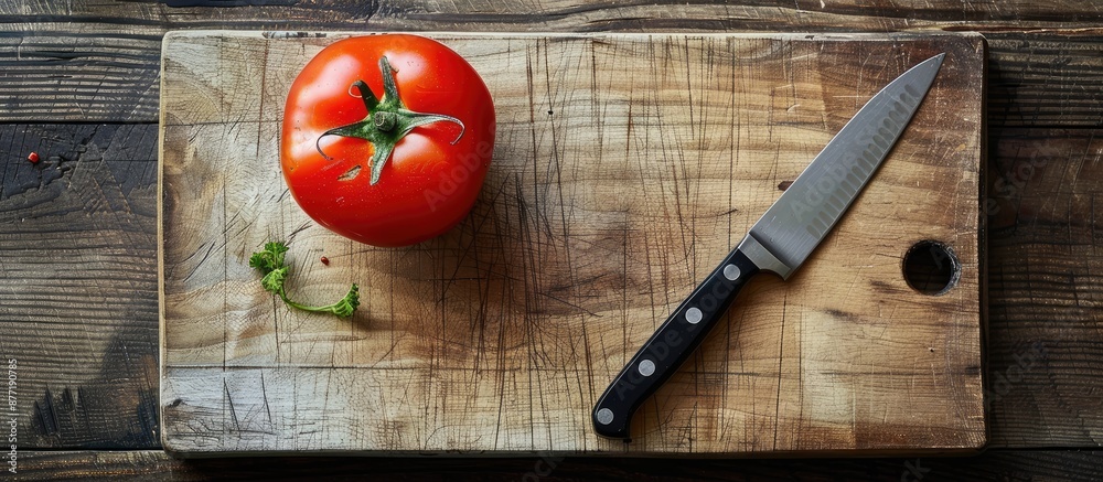 Poster a red tomato placed on a wooden cutting board next to a knife with the image offering space for copy