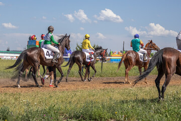 Horse racing at the racetrack. A horse led by a jockey. Horse riding competitions. A rider on a...