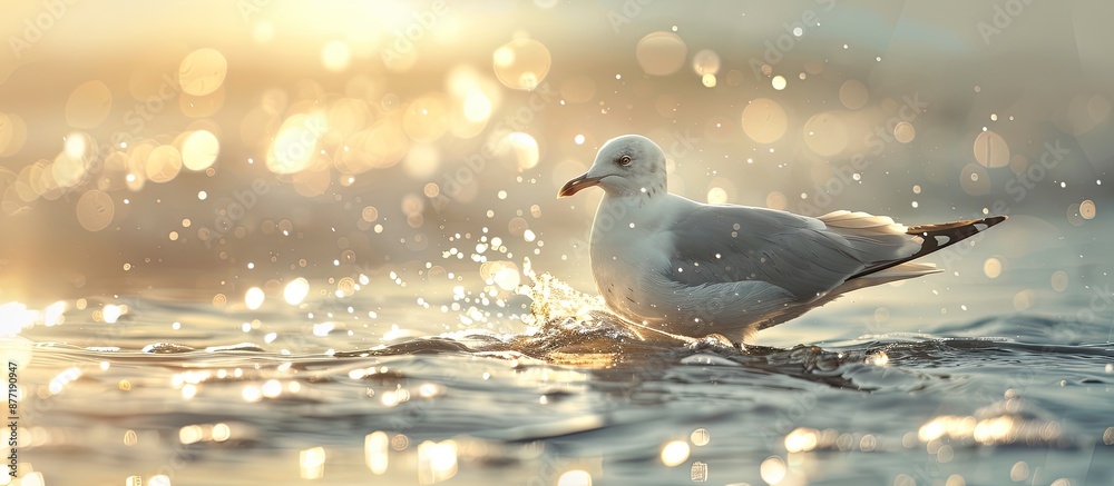 Poster a seagull wading in the water backlit with waves and water sprays under its feet in a copy space ima