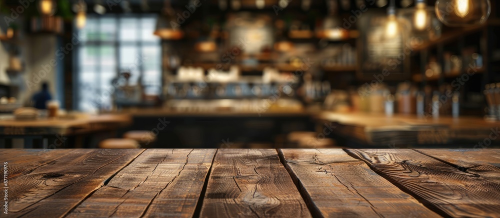 Poster a brown wooden table with a blurry coffee shop background is ideal for product displays or photo edi