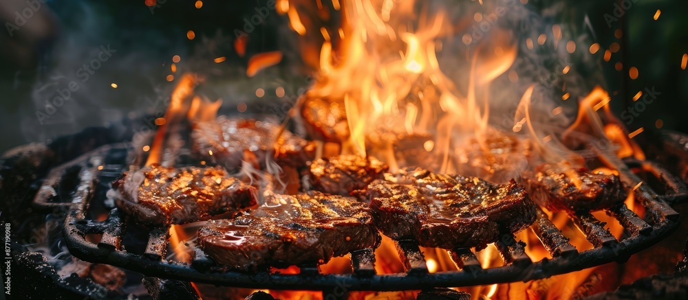 Poster A fire with open flames is roaring in the grill creating the perfect setup for searing meat with a copy space image available