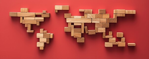 Wooden blocks arranged to form a world map on a red background.