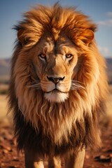 Vertical selective focus of a magnificent lion in the desert, generative IA