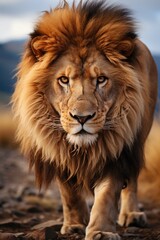 Fototapeta premium Vertical selective focus of a magnificent lion in the desert, generative IA