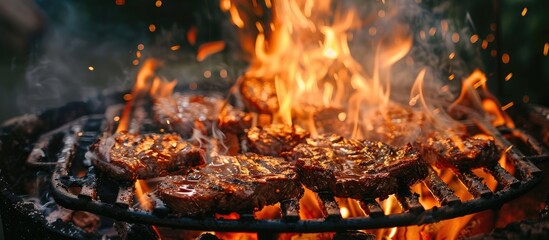 Fototapeta premium A fire with open flames is roaring in the grill creating the perfect setup for searing meat with a copy space image available