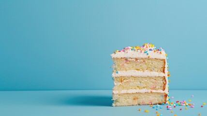Slice of layered vanilla cake with white frosting and colorful sprinkles against blue background