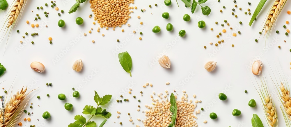 Fototapete a pattern featuring buckwheat wheat peas and rice arranged on a white background suitable for a copy