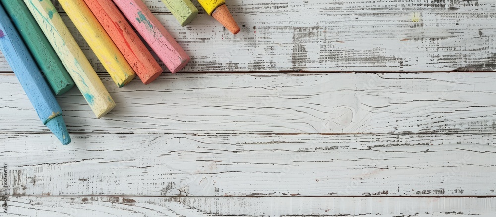 Poster white wooden table with chalks displayed providing ample copy space image