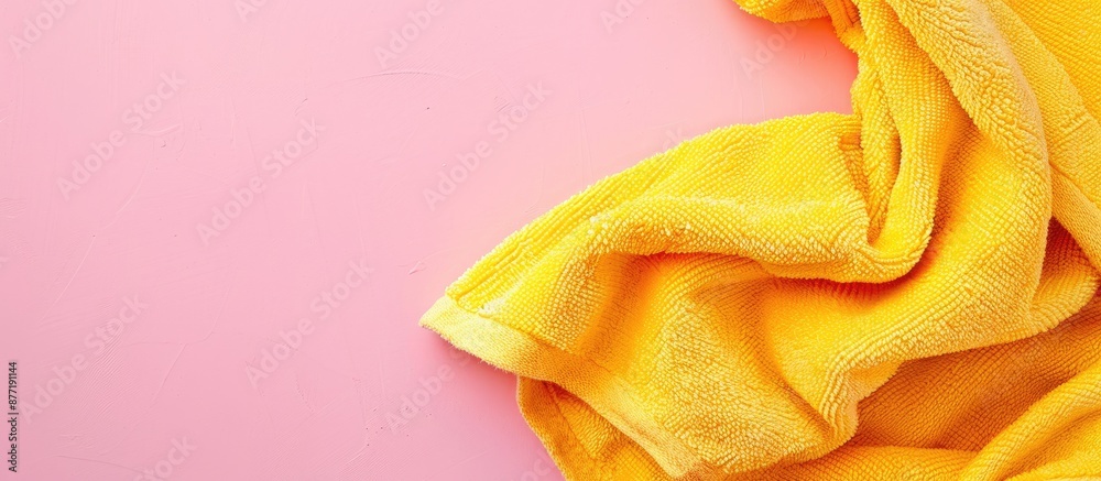 Poster Top view of a yellow beach towel folded on a pink background with copy space image