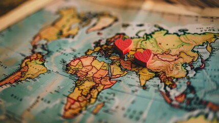 Two heart shapes placed on colorful world map symbolizing global love