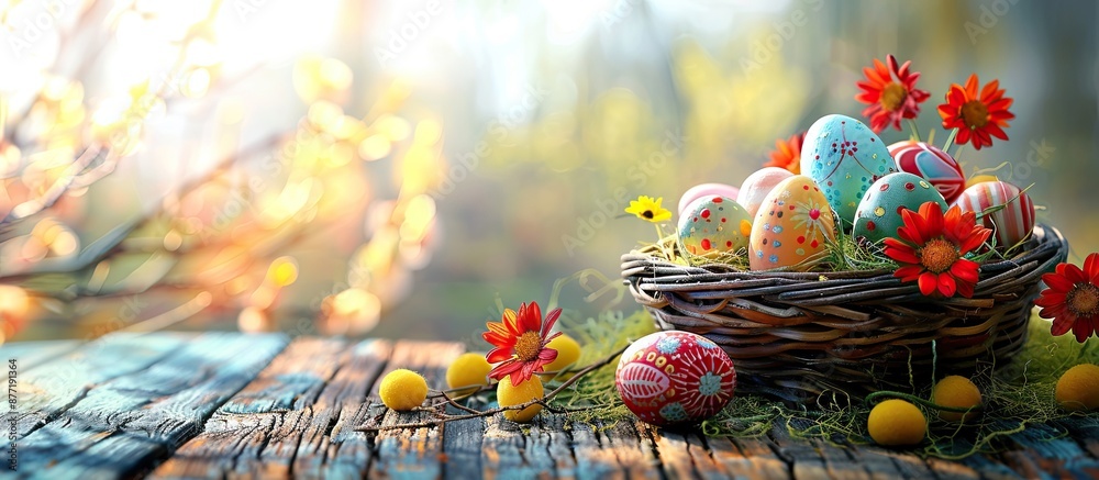 Aufkleber a wooden table displays a basket filled with vibrant easter eggs and a lovely flower creating a char