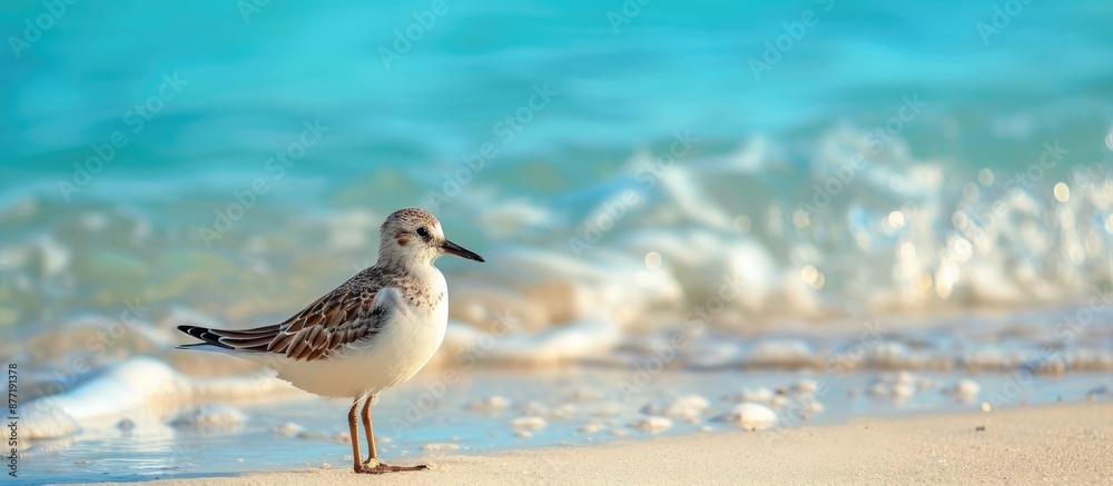 Poster A bird with white and brown feathers is perched on a sandy beach with the sea in the background creating a serene copy space image