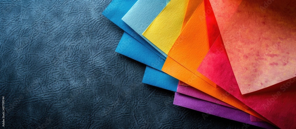 Aufkleber Close up multicolored sheets of paper against a dark leather backdrop providing ample copy space image