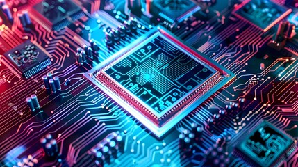 Obraz premium Vibrant Quantum Computer Processor with Colorful Waveforms and Cutting-Edge Computational Design