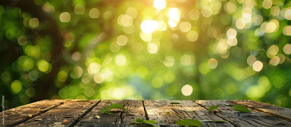 Poster Green tree bokeh creates an abstract blur background on a wooden table with a copy space image