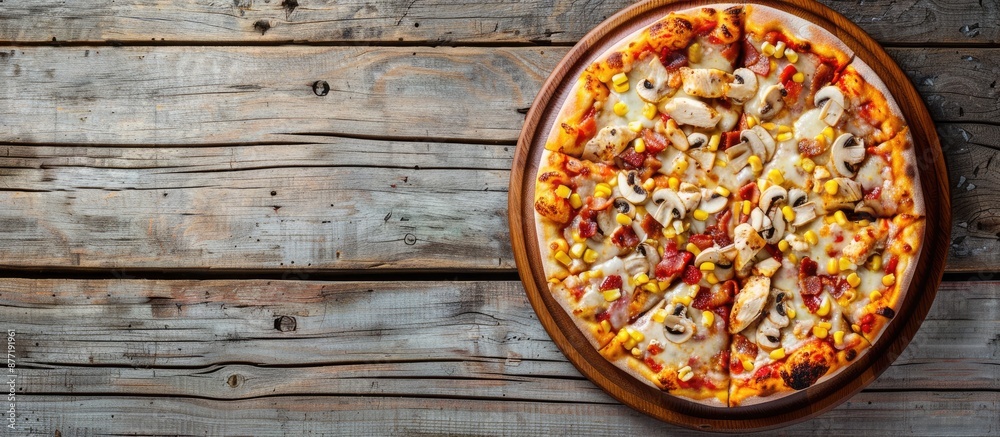 Aufkleber top view of a quarter pizza topped with chicken breast corn bacon and mushrooms on a round wooden pl