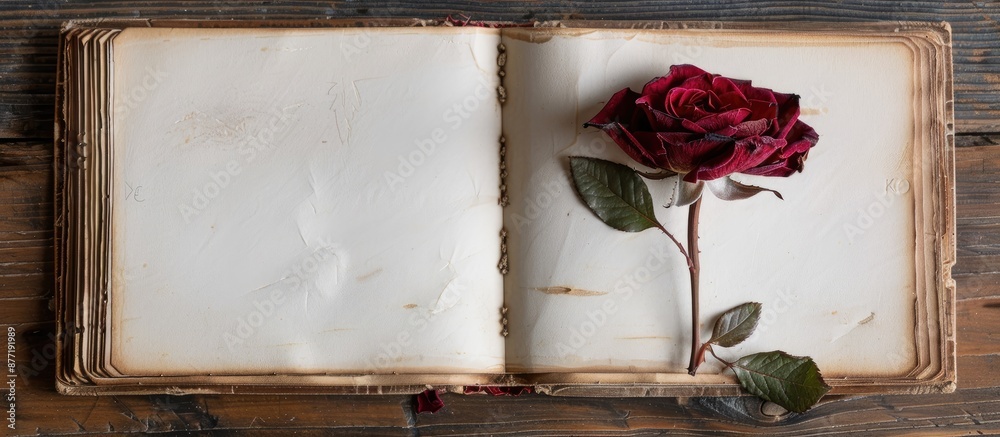 Poster Flat lay composition featuring a dried red rose displayed on the pages of an open notebook with a copyspace image