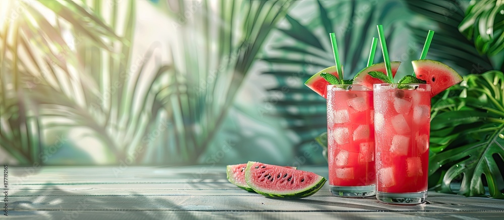 Poster Summer themed party concept with a refreshing red watermelon cocktail served on a modern table The background features copy space for images