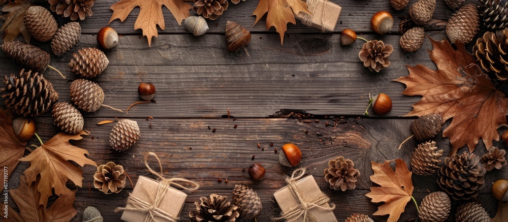 Poster a top down view of a autumn themed scene on a wooden backdrop featuring cones acorns wood pieces and