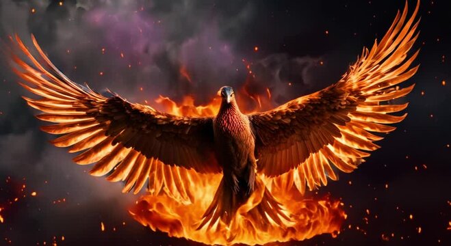 flying fire phoenix on black background