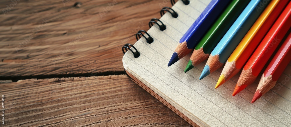 Poster Color pencil on a wooden table next to a notebook with a blank area for an image. with copy space image. Place for adding text or design