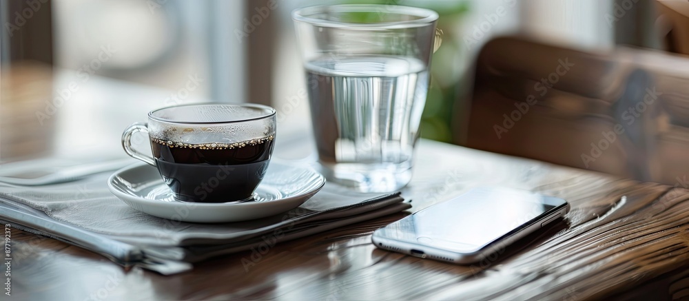 Poster coffee concept a serene scene with black coffee a glass of water and a mobile phone resting on a tab