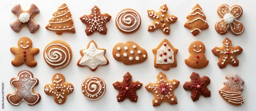 Leinwandbilder top view of a variety of colorful christmas gingerbread cookies with a sugar glaze set on a white ba
