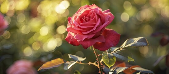 Obraz premium Ingrid Bergman a fully bloomed hybrid tea rose with velvety red petals gleaming under the sun in a copy space image