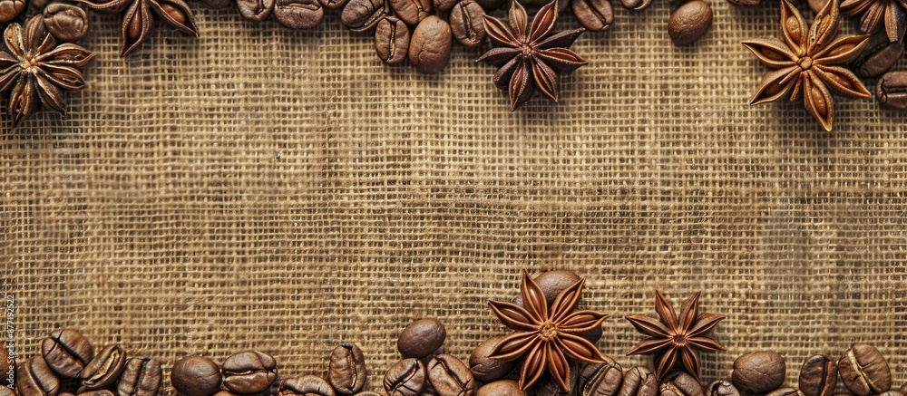 Aufkleber roasted coffee beans and star anise on a burlap backdrop with copy space image