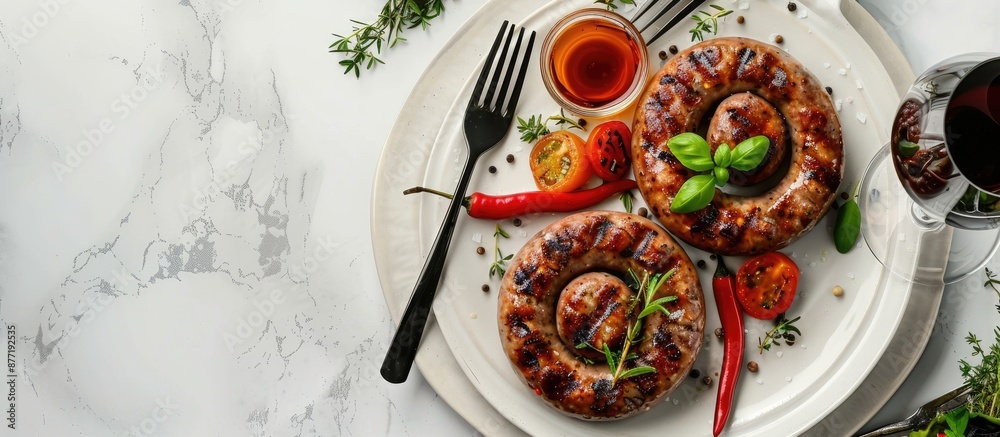Poster spiral grilled sausage with veggies and herbs accompanied by a glass of red wine and cutlery set on 